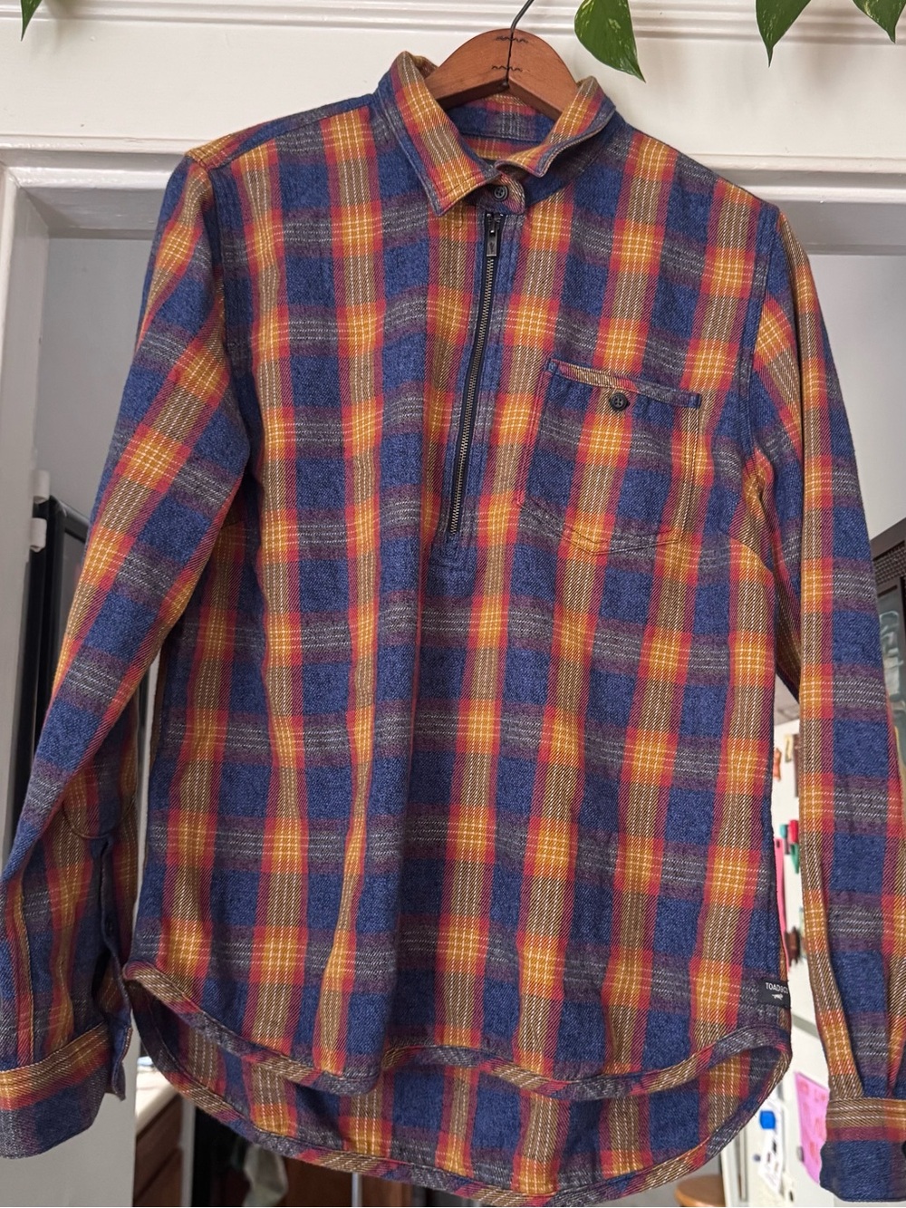 Toad & Co Women’s Flannel Bodie Dos 1/4 Zip Plaid Size large Orange red blue